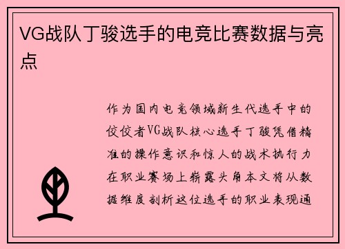 VG战队丁骏选手的电竞比赛数据与亮点