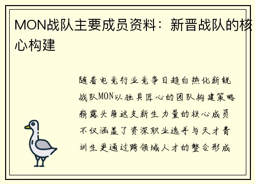 MON战队主要成员资料：新晋战队的核心构建